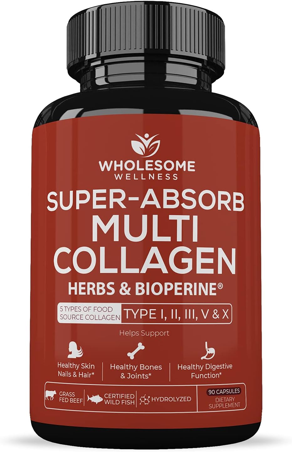 Wholesome Wellness Liposomal Vitamin C Capsules (200 Pills 1500mg Buffered) + Super-Absorb Multi Collagen Pills (Type I II III V X) Organic Herbs and Bioperine Bundle