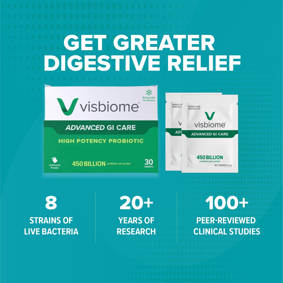 Visbiome® Advanced GI Care High Potency Probiotic, 450B CFU, 30 Packets | Original De Simone Formulation®, Multi-Strain, Refrigerated Probiotics, Low FODMAP Certified, Gluten-Free, Made in USA