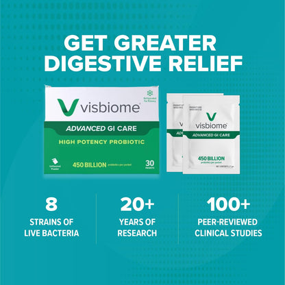 Visbiome® Advanced GI Care High Potency Probiotic, 450B CFU, 30 Packets | Original De Simone Formulation®, Multi-Strain, Refrigerated Probiotics, Low FODMAP Certified, Gluten-Free, Made in USA