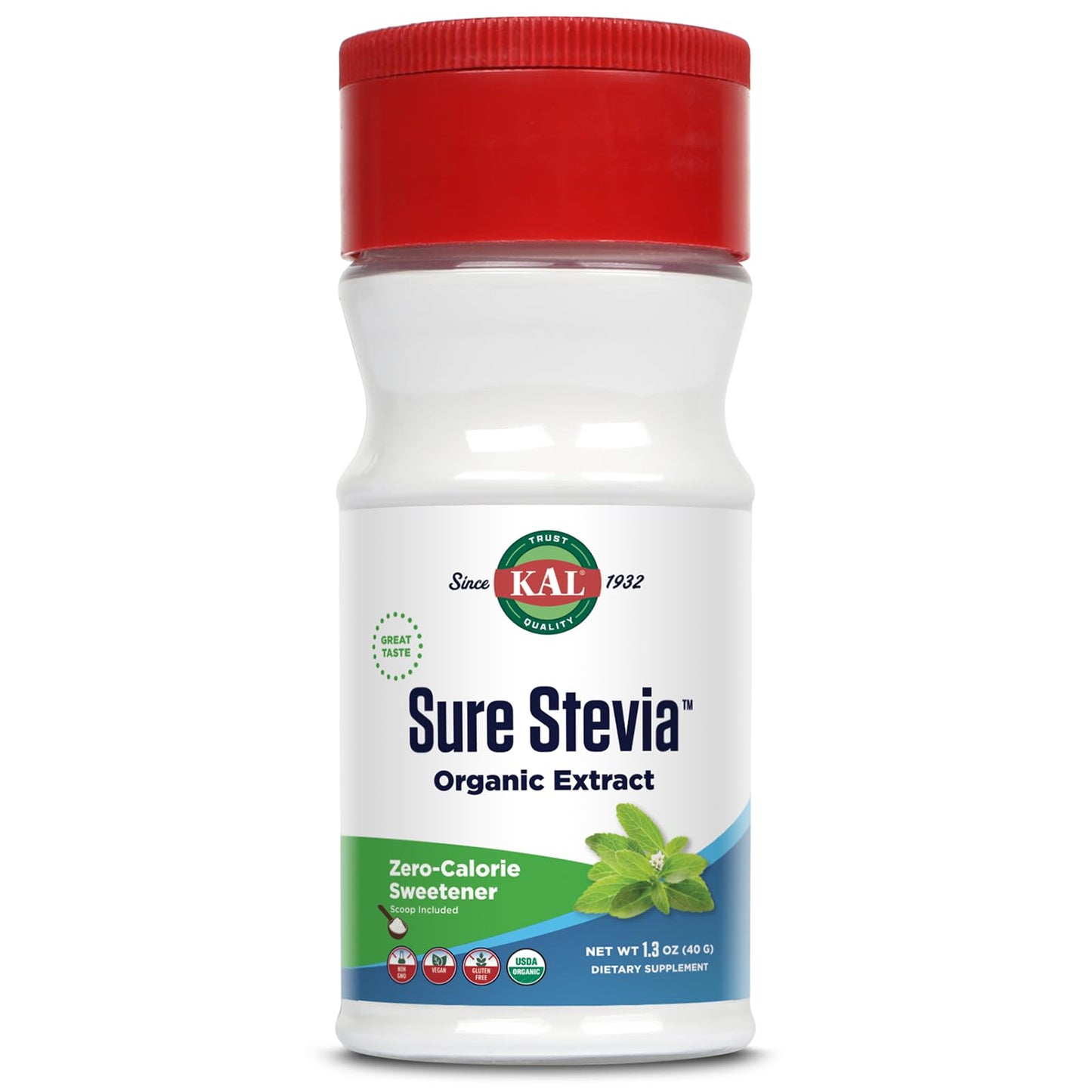 KAL Sure Stevia Extract Powder, Low Carb, Plant Based Stevia Sweetener, Great Taste, Zero Calories, Zero Sugar, Low Glycemic & Perfect for a Keto Diet, 60-Day Guarantee, Approx. 1820 Servings, 3.5oz