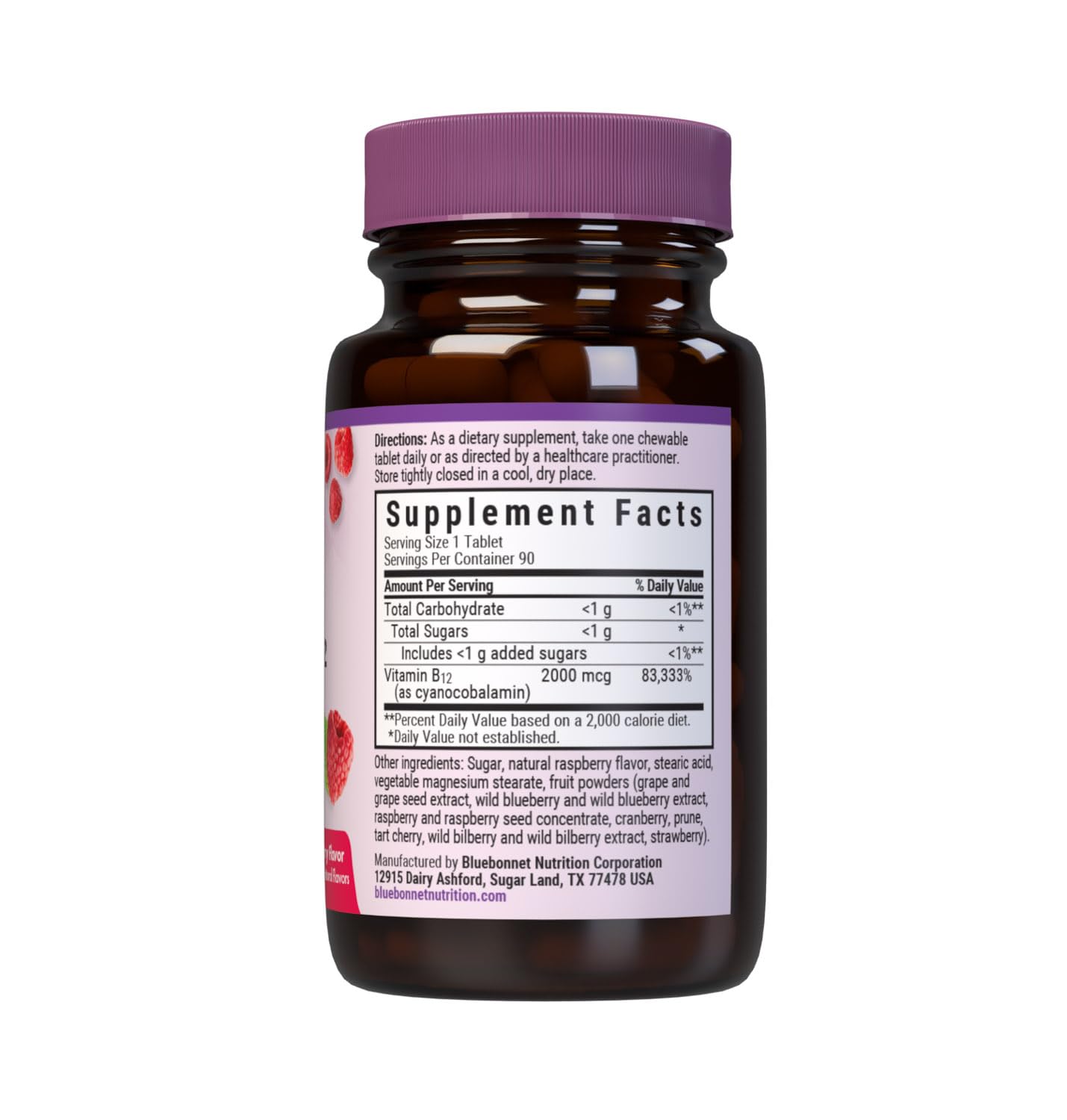 BlueBonnet Nutrition Earth Sweet Vitamin B12 1000 mcg & Folic Acid 400mcg - Brain Health & Energy Vitamins for Women & Men - Vegan, Gluten-Free Raspberry B 12 Vitamin - 90 Chewable Tablets