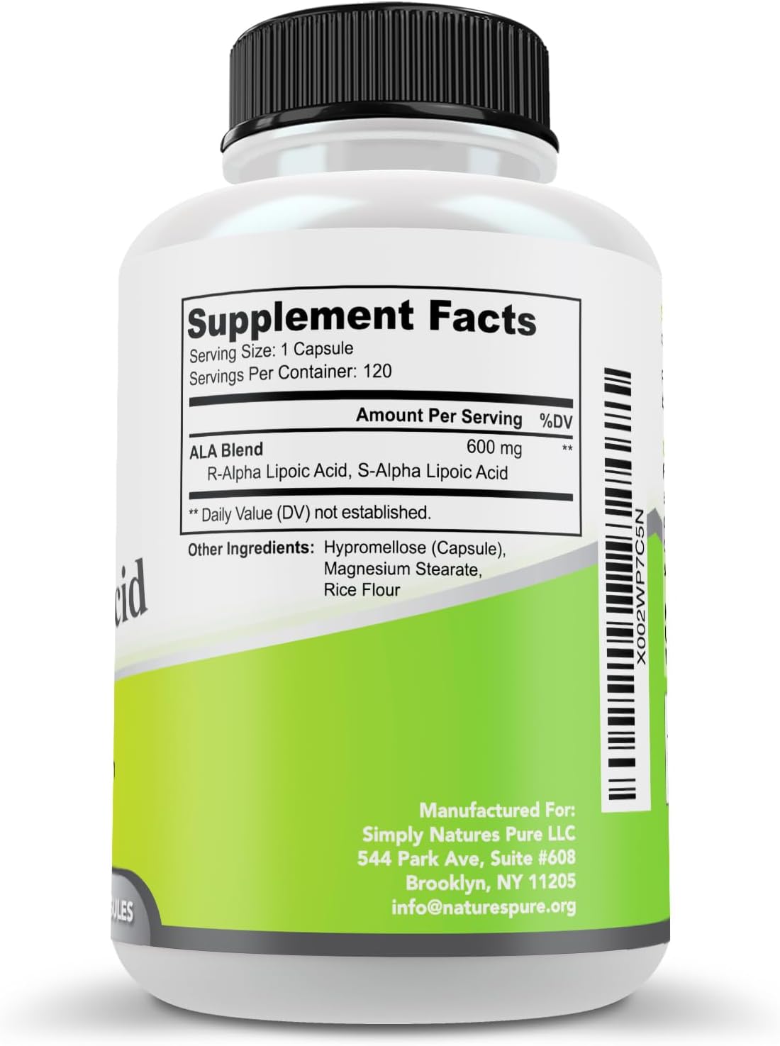 Simply Natures Pure Alpha Lipoic Acid 600mg 120 Veggie Capsules, Non-GMO Thioctic Acid 4 Month Supply