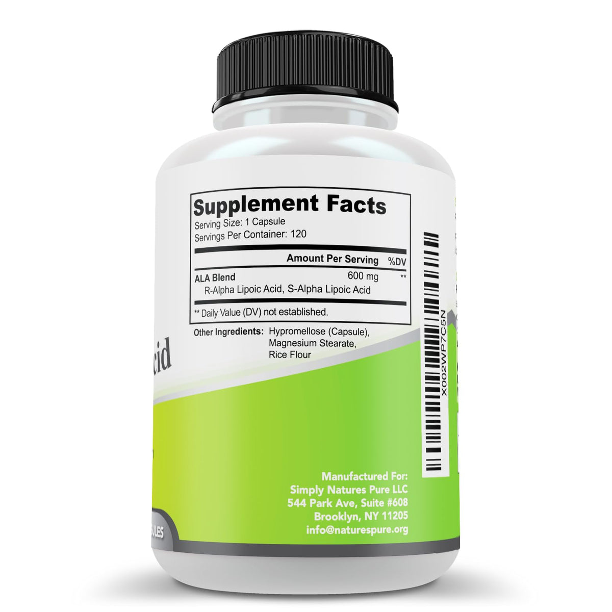Simply Natures Pure Alpha Lipoic Acid 600mg 120 Veggie Capsules, Non-GMO Thioctic Acid 4 Month Supply