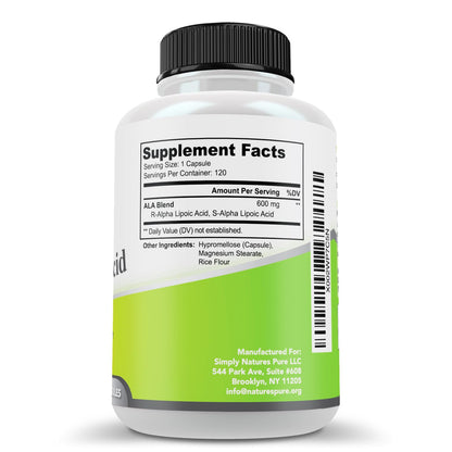 Simply Natures Pure Alpha Lipoic Acid 600mg 120 Veggie Capsules, Non-GMO Thioctic Acid 4 Month Supply