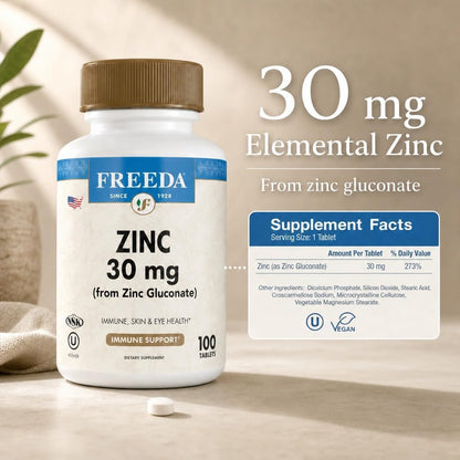 FREEDA Elemental Zinc 30mg – Vegan Immune, Skin & Eye Support – 100 Tabs | Tiny Easy-to-Swallow Tablets Made with Zinc Gluconate – Gluten-Free, Kosher, and Made in USA GMP-Compliant Facilities