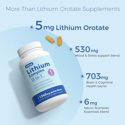 AiVital™ Lithium Orotate 5mg, 13-in-1 Lithium Supplement with Magnesium Glycinate, L-theanine & DHA for Daily Balance, Focus & Clarity, Low-Dose Formula, Non-GMO, Gluten Free, Vegan, 120 Capsules