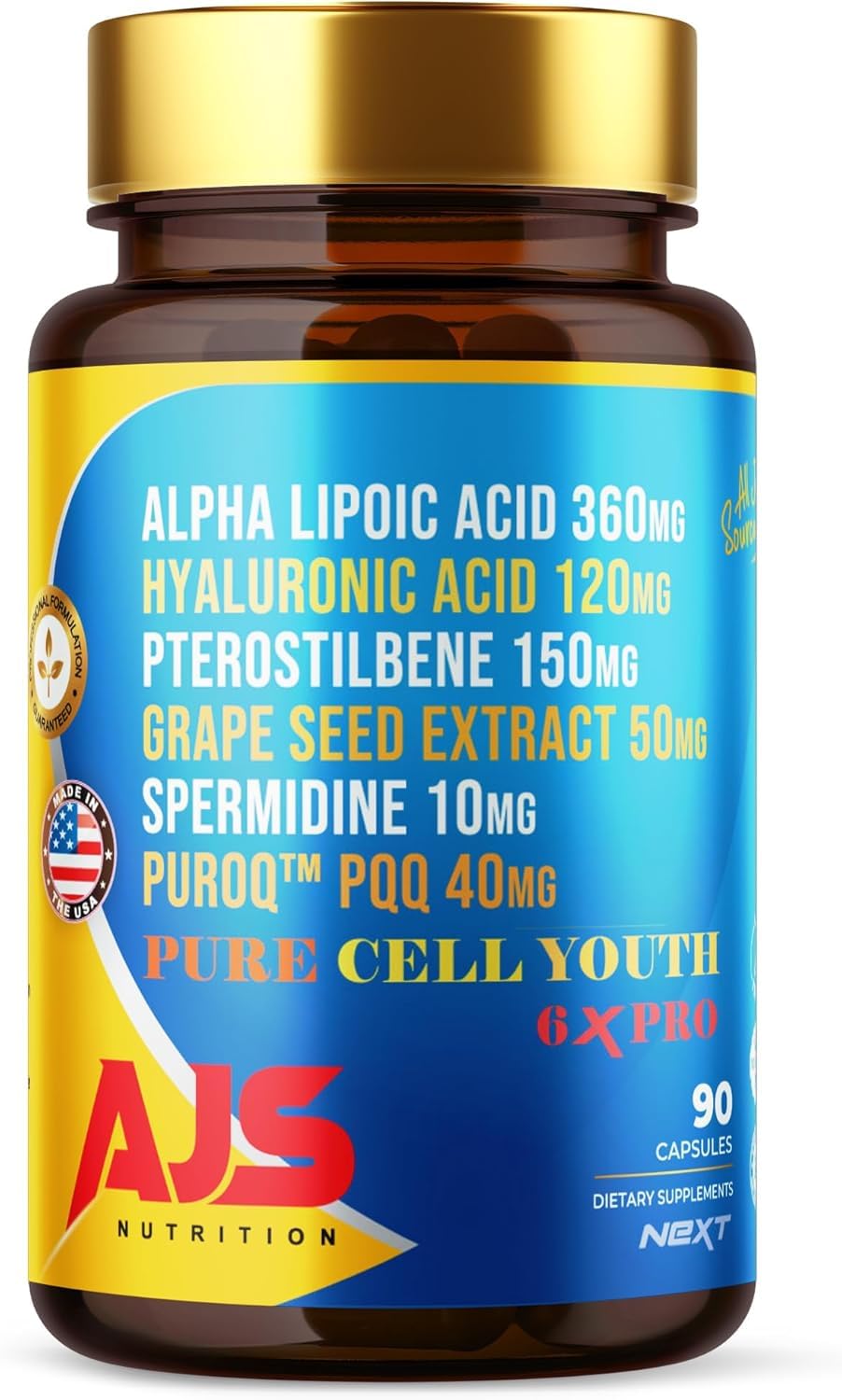 AJS Pure Cell Youth 6X PRO, PQQ, R-Lipoic Acid & Spermidine, 90 Capsules With Pterostilbene, Sodium Hyaluronate & Grape Seed Extract, Dietary Supplement