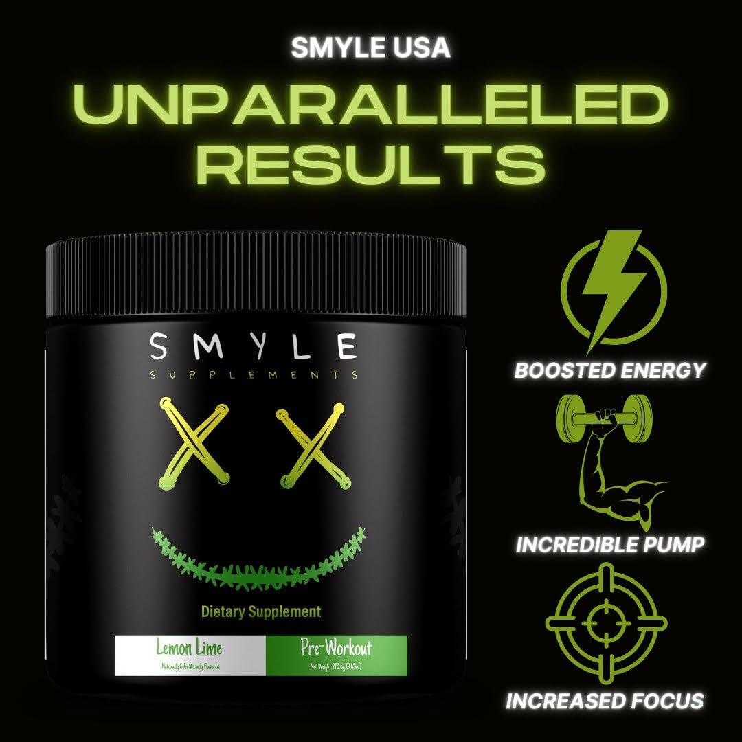Smyle USA Pre-Workout Powder Lemon Lime - Pre Workout Energy with 400mg Alpha GPC + 167mg Caffeine and 1667mg Beta-Alanine Performance Blend | 30 Servings