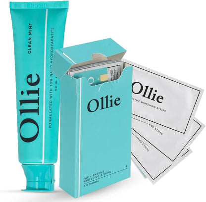 Ollie Clean Mint Toothpaste with 10% Nano Hydroxyapatite & Enzy-Strips Peroxide-Free Teeth Whitening Strips for Sensitive Teeth – Enamel Repair, Remineralization & Whitening Bundle