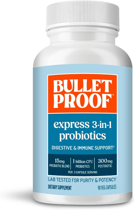 Bulletproof Express 3-in-1 Probiotic & Postbiotics Supplement for Sustained Gut Health, 90 Count