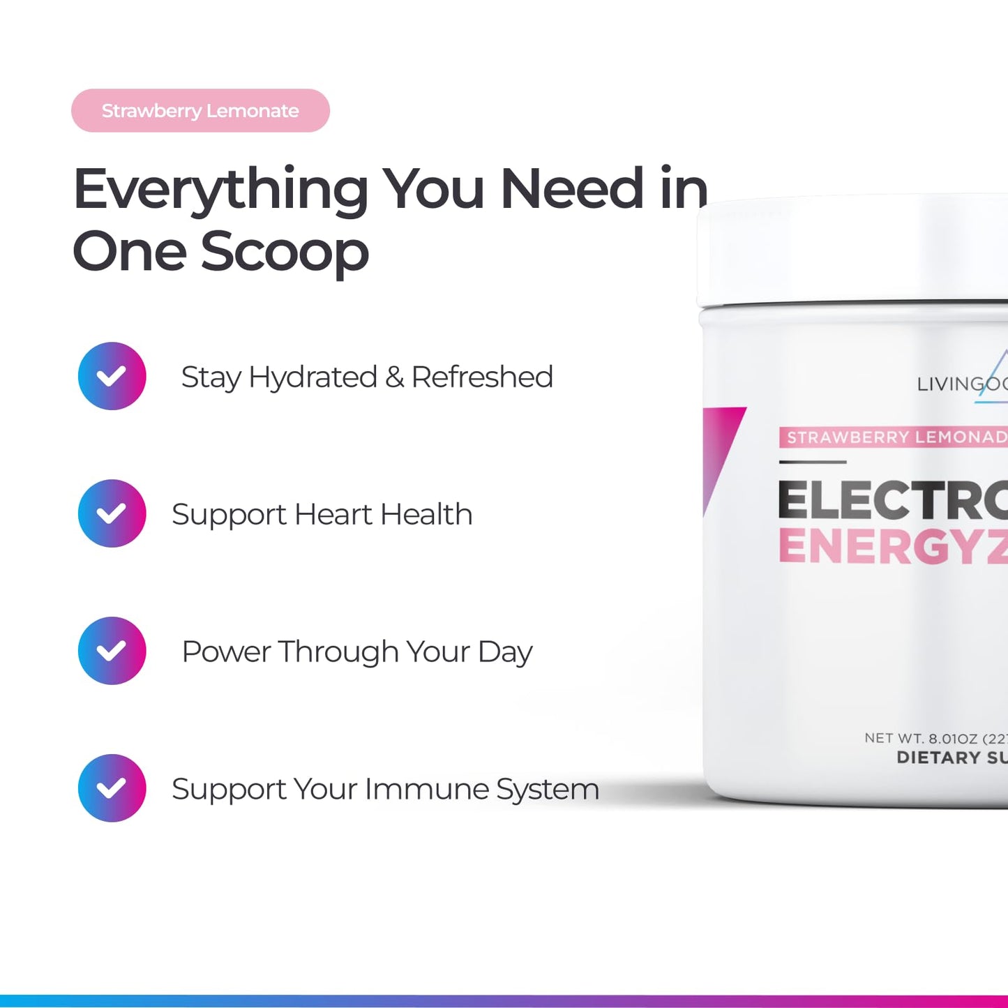 Livingood Daily Electrolytes Powder Strawberry Lemonade, 30 Servings - 4in1 Hydration Powder with Vitamin C, Taurine, D Ribose & FOS, Sugar Free Electrolyte Drink Mix, Keto, Gluten Free - Made in USA