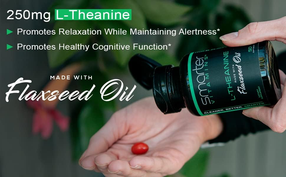 L-Theanine 250mg with Flaxseed Oil for Daily Calm Focus, 50 Liquid Softgels | Non-drowsy amino acid support for mental clarity, balanced mood and reduced caffeine jitters in easy-to-swallow softgels.