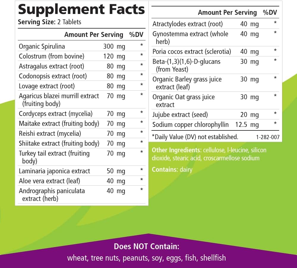 Pure Essence Immune Cellular Support System with Maitake, Reishi, Shitake Mushroom, Spirulina, Colostrum, Fucoidan and More - 60 Tablets