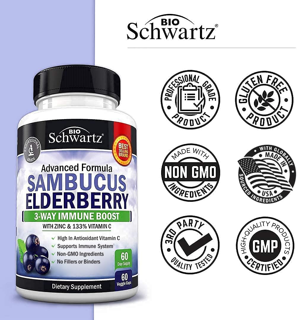 Elderberry Capsules with Zinc and Vitamin C for Adults, 60 Count