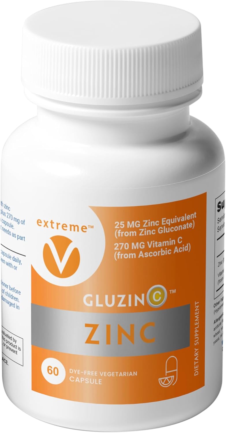 GluzinC Zinc & Vitamin C Supplement | 25 mg Zinc Gluconate + 270 mg Ascorbic Acid | Daily Immune Nutrients | 60 Veg Caps