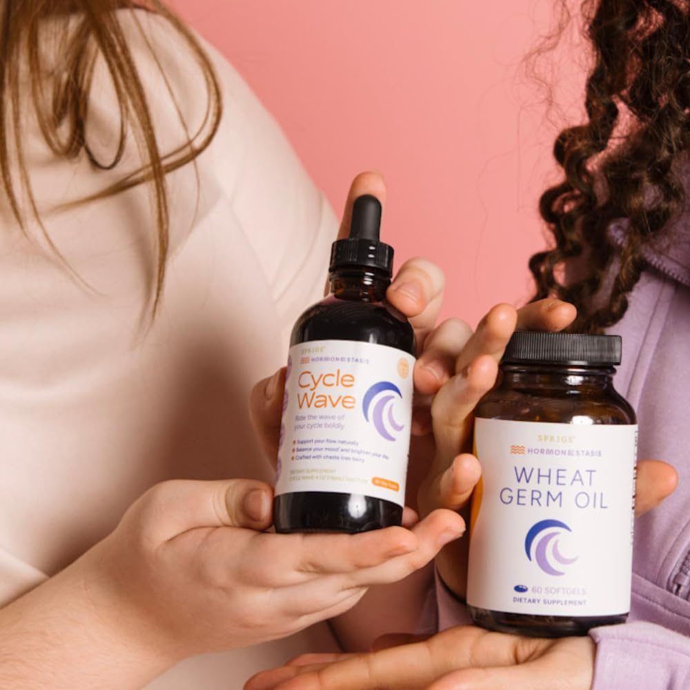 SPRIGS Cycle Wave Phase 1 Hormonal Support Kit for Tween Girls | Supplements to Promote a Healthy Menstrual Cycle & Balance Mood | 120 Herbal Capsules & 60 Wheat Germ Oil Softgels for a 30 Day Supply