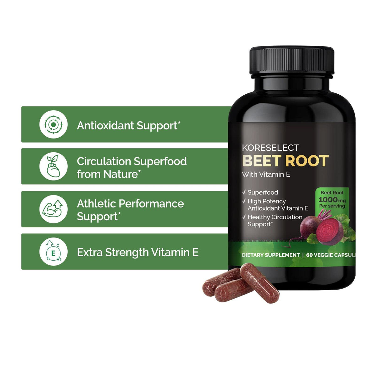 KORESELECT Beet Root & Tart Cherry Capsules 16,000mg Capsules Bundle for Nitric Oxide Supplement Booster for Blood Circulation, Muscle Recovery, Joint Support, for Men and Women
