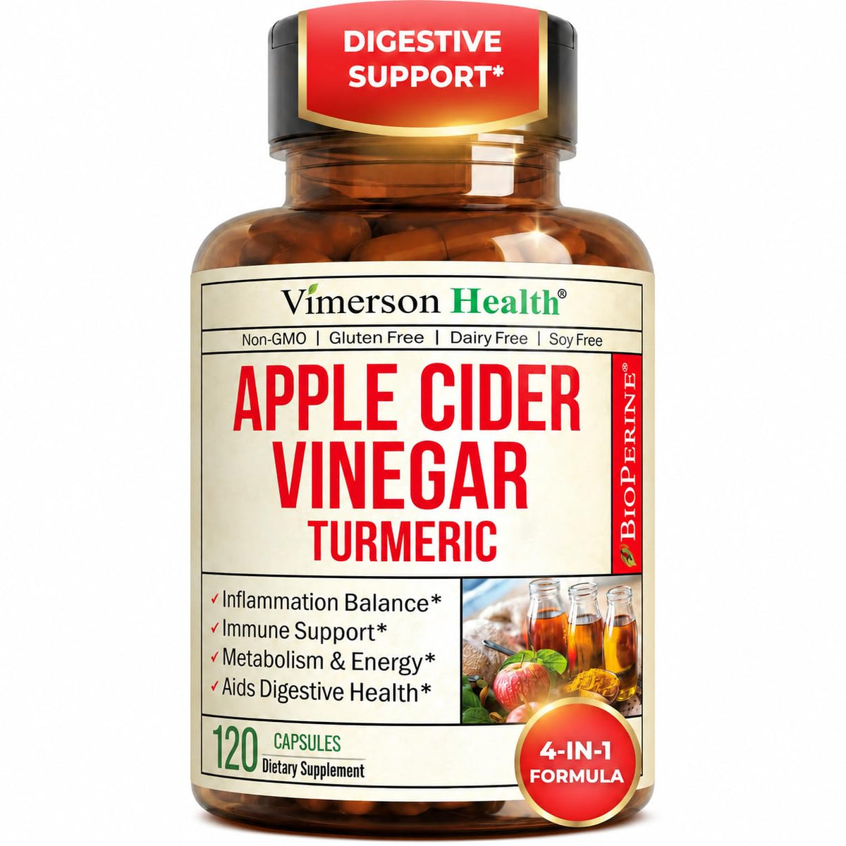 Apple Cider Vinegar Capsules with Turmeric, Ginger & BioPerine 60 Capsules