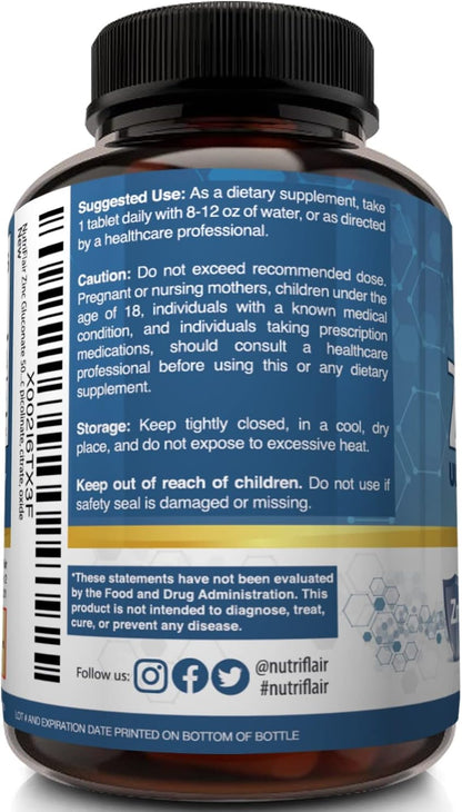 NutriFlair Zinc Gluconate 50mg, 100 Tablets - High Potency Immune System Booster Supplement Pills, Immunity Defense, Powerful Natural Antioxidant, Non-GMO, Compare with zinc picolinate, citrate, oxide