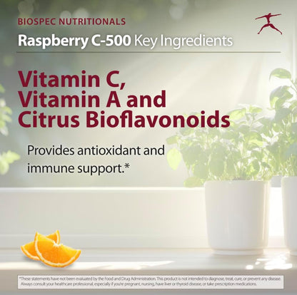 BIOSPEC NUTRITIONALS Raspberry C-500 – Chewable Immune and Antioxidant Support - Vitamin C, Vitamin A, and Citrus Bioflavonoids