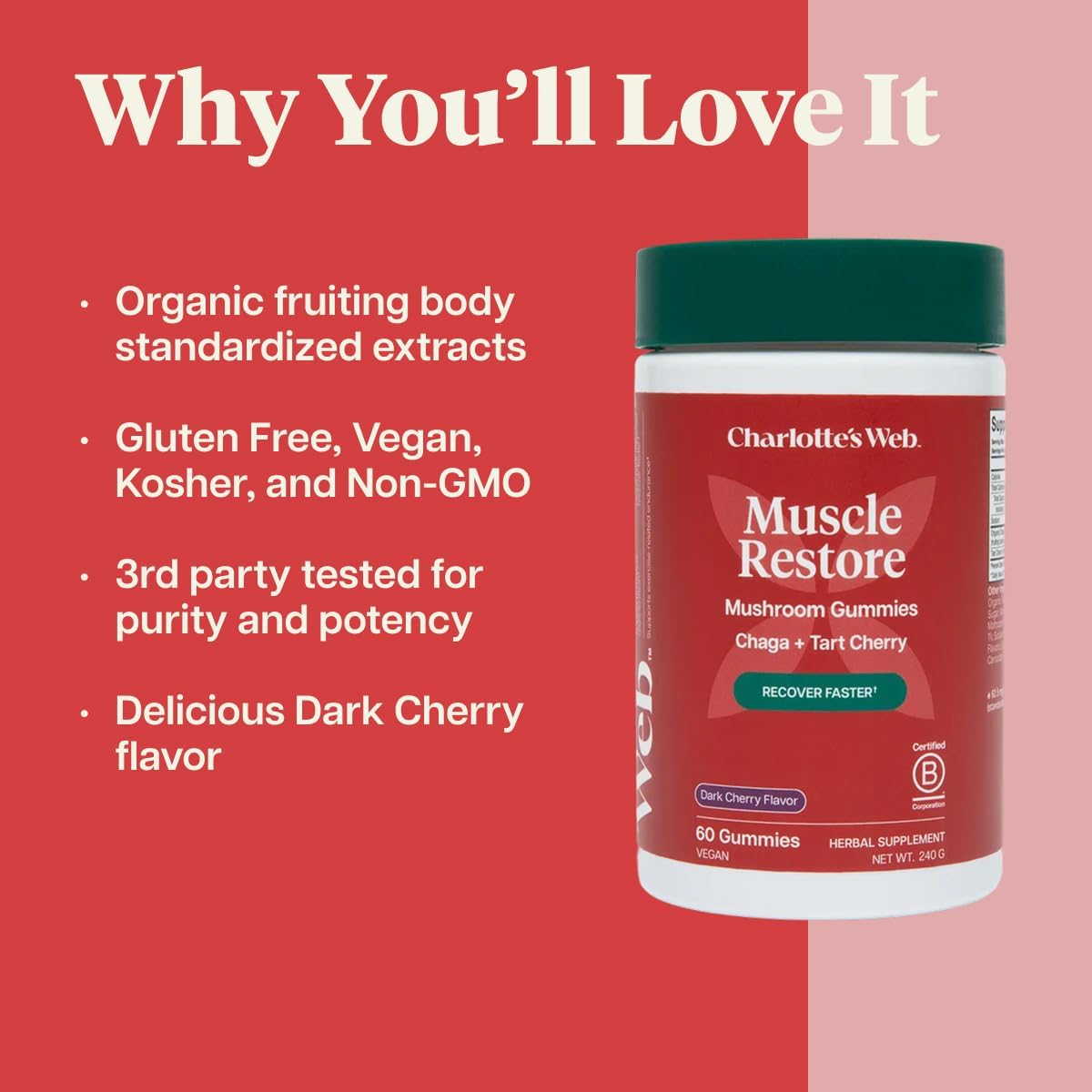 Charlotte's Web Muscle Restore Mushroom Gummies for Adults — Chaga & Tart Cherry Supplement for Muscle Recovery and Fatigue — Vegan, Kosher, Non-GMO (Dark Cherry Flavor, 30 Servings)