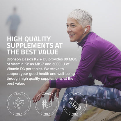 Bronson Vitamin K2 D3 (MK7) Supplement 2-in-1 D3 & K2 Complex, 120 Tablets | Bone, Immune & Heart Health Support, Gluten-Free, Soy-Free, Non-GMO, Vitamin D3 5000 IU (125 mcg) & 90 mcg K2 MK-7