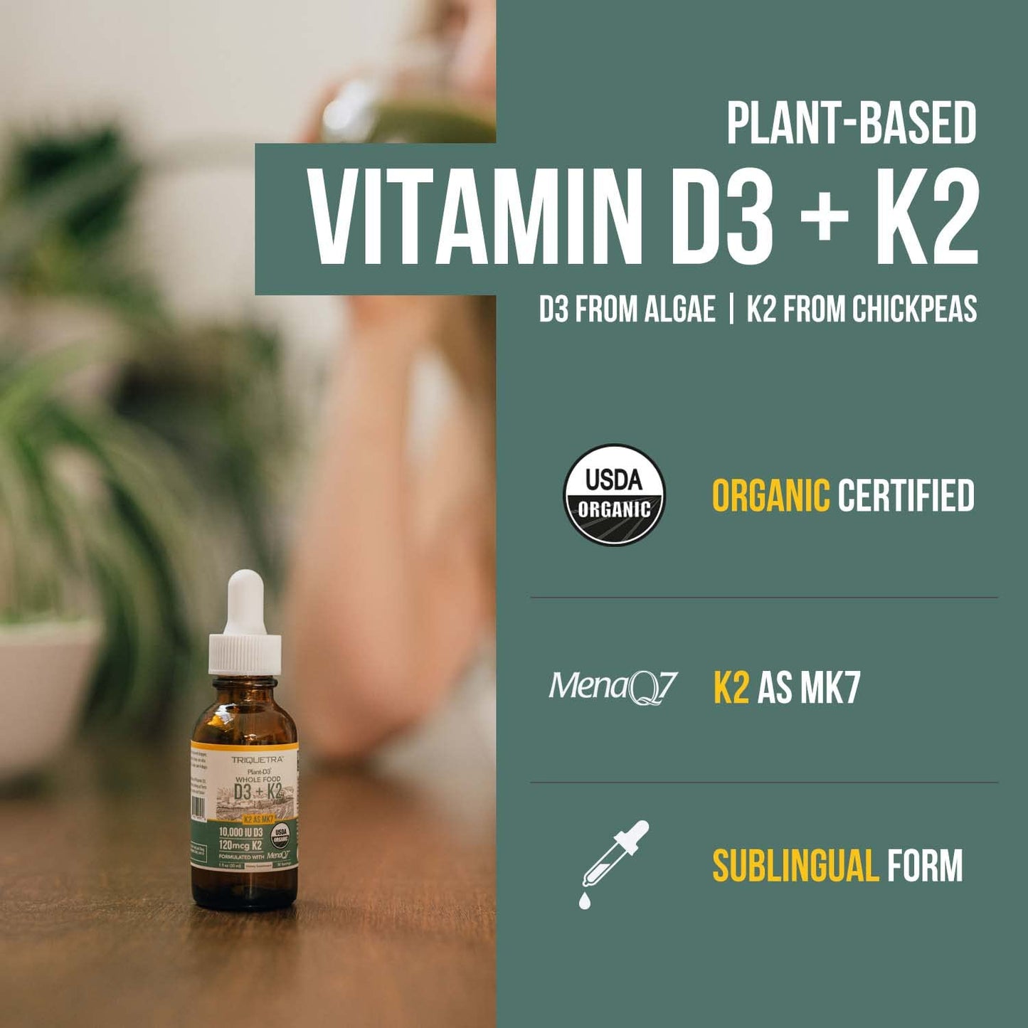 Organic Plant D3 + K2 | 5000 iu D3 + 120 mcg K2 as All-Trans MK7 from MenaQ7® - 100% Whole Food, Raw & Vegan | Enhanced Digestion with Prebiotic & Superfood Complex – D3 from Organic Algae (60 Count)