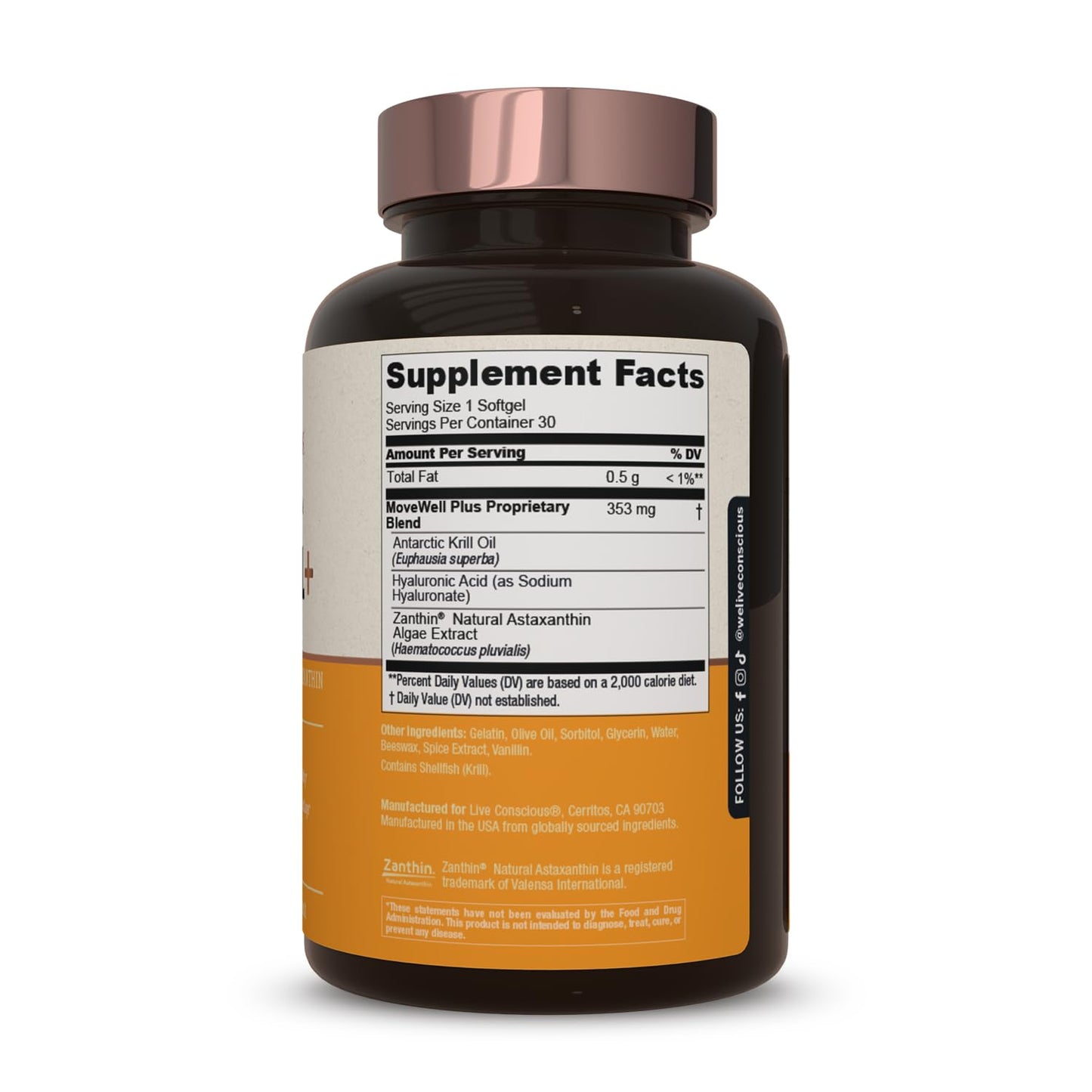 Live Conscious Glucosamine Chondroitin with MSM, Hyaluronic Acid, and More - MoveWell Joint Health Supplement