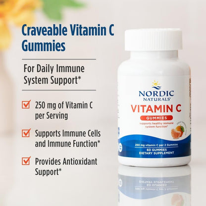 Nordic Naturals Vitamin C Gummies, Tart Tangerine - 120 Gummies - 250 mg Vitamin C - Immune Support, Antioxidant Protection, Child Growth & Development - Non-GMO, Vegan - 60 Servings | Supports immune health, antioxidant protection, child growth & develop