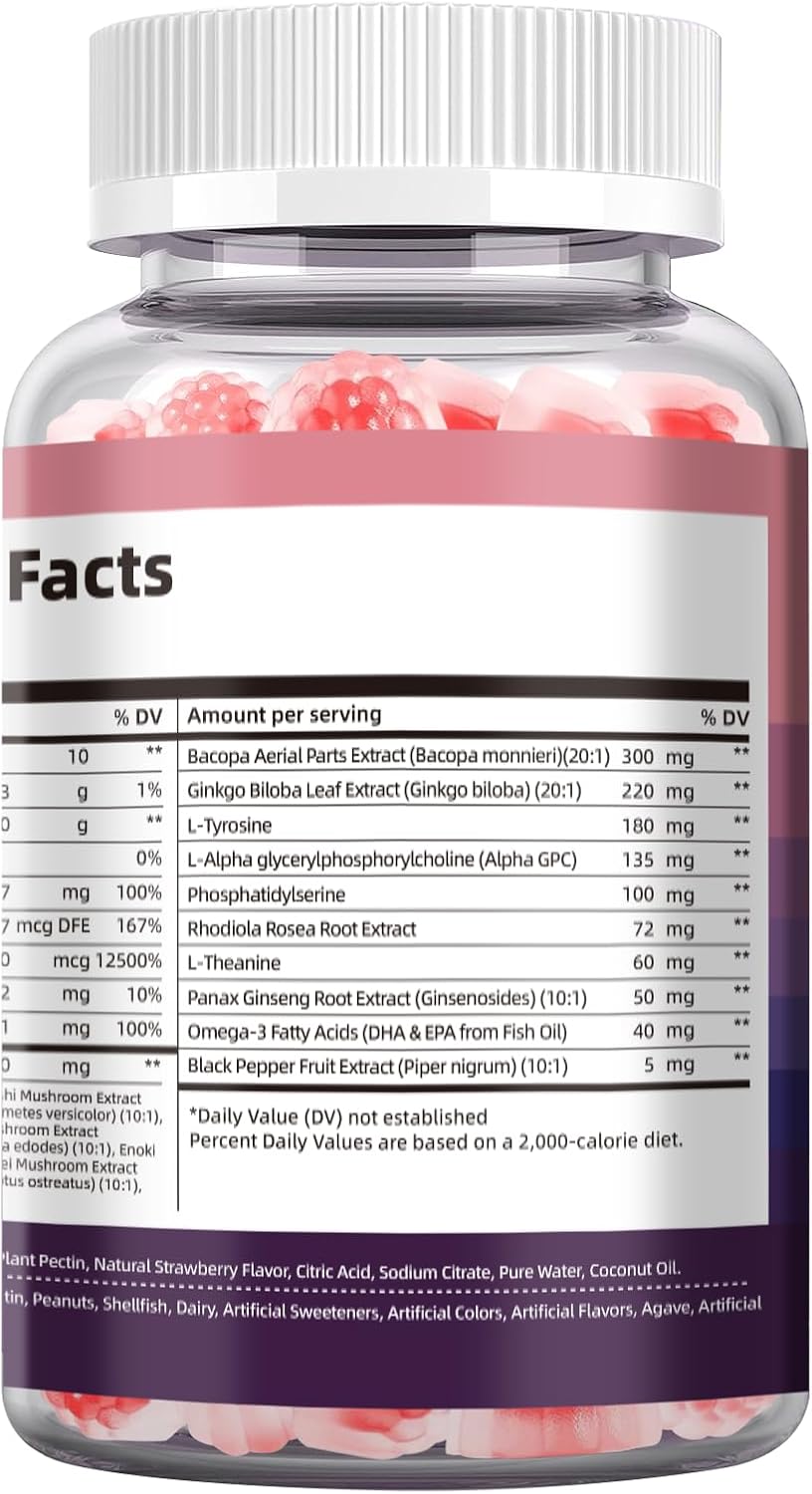 Migcopat Brain Supplements for Memory and Focus Gummies | Nootropic w/Bacopa Monnieri, Lion’s Mane, Ginkgo & 10-in-1 Mushroom Complex | Mental Clarity & Cognitive Support | Strawberry Flavor - 60 Cts