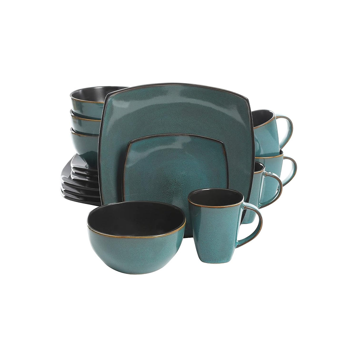 Gibson Elite Soho Lounge 16 Piece Reactive Glaze Dinnerware Set, Soft Square, Teal Green