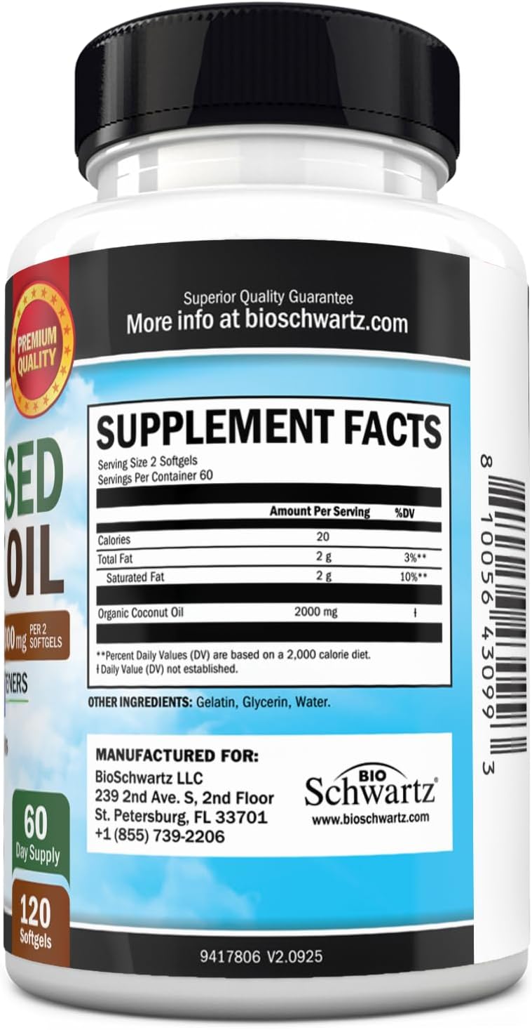 Coconut Oil Capsules 2000mg, 120ct, 2 Month Supply