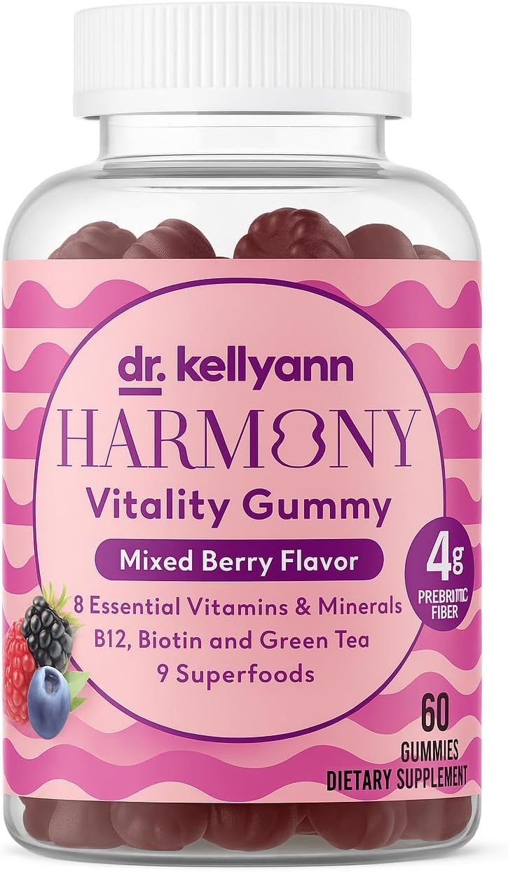 Dr. Kellyann Harmony Vitality Gummies | Mixed Berry | B12, Biotin, Green Tea, Prebiotic Fiber & Superfoods | Vegan, Non-GMO, Gluten-Free | 60 Gummies