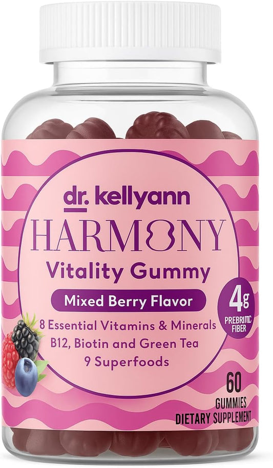 Dr. Kellyann Harmony Vitality Gummies | Mixed Berry | B12, Biotin, Green Tea, Prebiotic Fiber & Superfoods | Vegan, Non-GMO, Gluten-Free | 60 Gummies