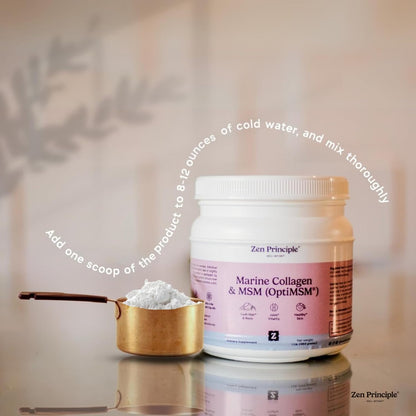 Zen Principle Marine Collagen Peptides Powder with OptiMSM® Supplement. Supports Skin Health & Appearance in Women. Wild-Caught Fish, Non-GMO. Hydrolyzed Type 1, 2, 3 & 4 Collagen, 16 oz.