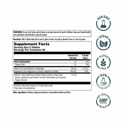 KAL Magnesium Taurate 400mg Plus Vitamin B6, Chelated Magnesium Supplement, High Absorption Magnesium Complex, Muscle and Heart Health Support, Vegan, Gluten Free, 60-Day Guarantee, 60 Serv, 120 Tabs