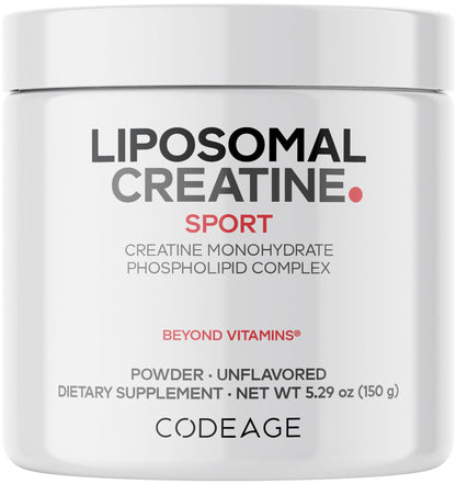 Codeage Liposomal Creatine Powder, 5000mg, Monohydrate, Unflavored, 90 SRV | Liposomal micronized creatine monohydrate, 5 g per serving, unflavored. Three-month supply. Non-GMO.