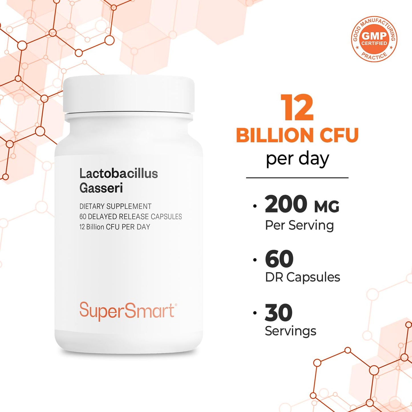 Supersmart - Lactobacillus Gasseri 12 Billion CFU per Day - Probiotic Supplement | Non-GMO & Gluten Free - 60 DR Capsules (Delayed Release)