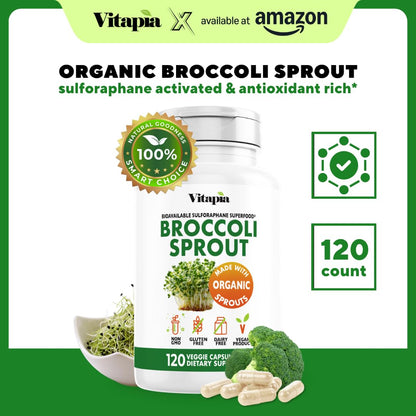 Vitapia Organic Broccoli Sprout & Broccoli Extract for Sulforaphane, Antioxidant, Brain, Skin, Heart Health Support - 120 Veggie Capsules - Non-GMO, Gluten-Free, Vegan-Friendly Supplement