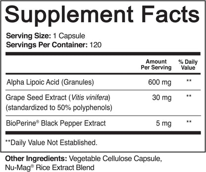 NutriFlair Alpha Lipoic Acid 600mg - with Grape Seed & BioPerine, 120 Caps