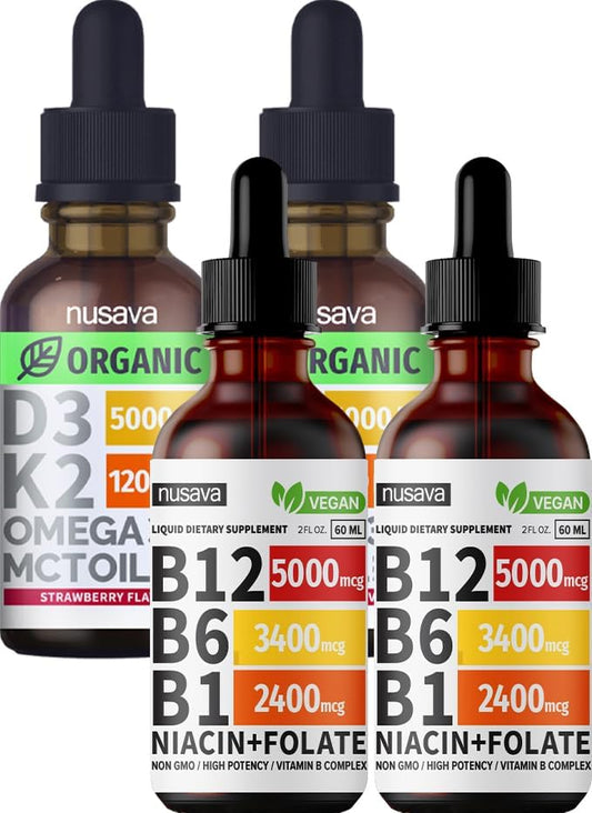 NUSAVA Vitamin B12 Liquid Drops and Strawberry Flavored D3 K2 Bundle — Daily Wellness Liquid Vitamins for Energy & Immune Support — Non-GMO, Gluten-Free, 2pk Each