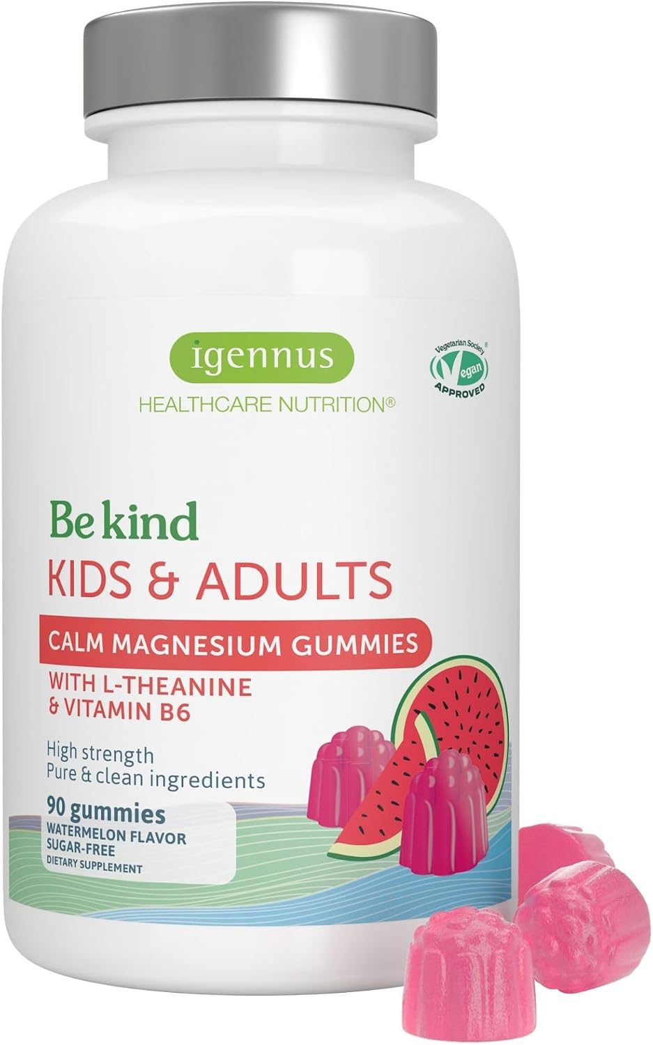 Igennus High Absorption Magnesium Citrate Gummies with L-Theanine & B6, Calm & Nervous System Support for Adults & Kids, Sugar-Free, Clean Ingredients & Vegan, Watermelon Flavor, 45-90 Servings