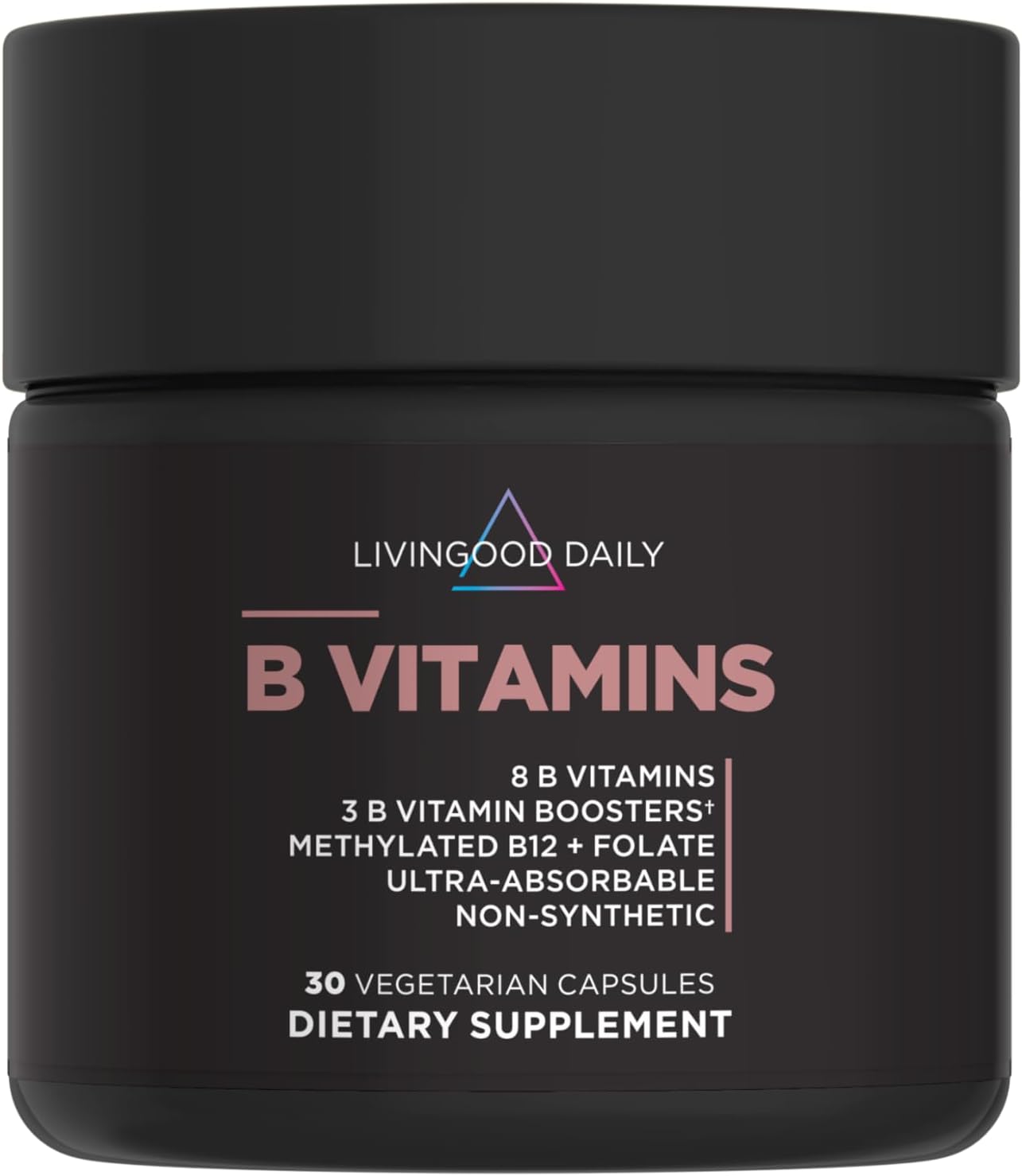 Livingood Daily Vitamin B Complex Capsules for Men and Women, Methylated B12 & Folate, 11 Active Forms Including B1 B2 B3 B5 B6 & Biotin, Gluten Free, Vegan B Vitamins for Hair Skin Nails, 30 Capsules