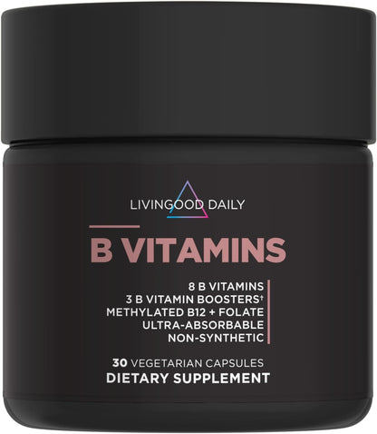 Livingood Daily Vitamin B Complex Capsules for Men and Women, Methylated B12 & Folate, 11 Active Forms Including B1 B2 B3 B5 B6 & Biotin, Gluten Free, Vegan B Vitamins for Hair Skin Nails, 30 Capsules