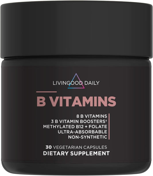 Livingood Daily Vitamin B Complex Capsules for Men and Women, Methylated B12 & Folate, 11 Active Forms Including B1 B2 B3 B5 B6 & Biotin, Gluten Free, Vegan B Vitamins for Hair Skin Nails, 30 Capsules