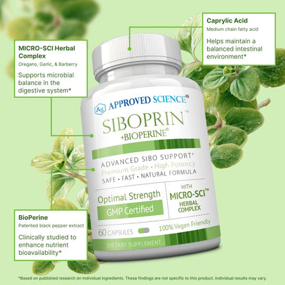 Approved Science Siboprin - 60 Capsules - Support Gut Balance, Soothe Intestinal Irritation, Help with Cramps and Bloating - Caprylic Acid, Barberry, Oregano - Vegan