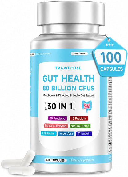Gut Health Capsule Supplement, Supports Microbiome, Leaky Gut, and Digestion, with 80 Billion CFU Probiotics, Prebiotics, Digestive Enzymes, 30-in-1 Gut Health Supplement, 100 Capsules