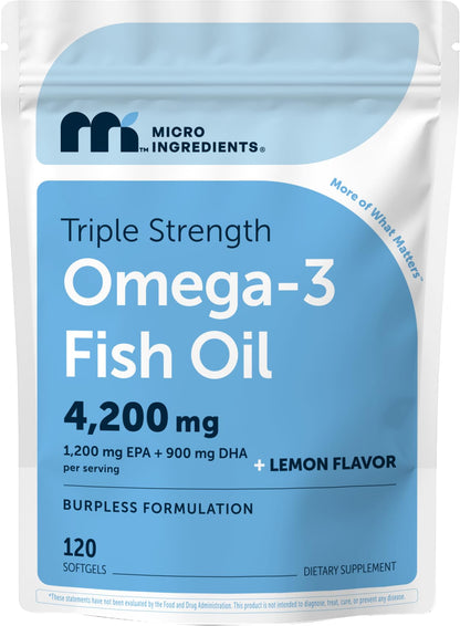 Micro Ingredients Triple Strength Omega 3 Fish Oil Supplements 4200mg Per Serving, 240 Softgels – Lemon Flavored – Burpless | EPA 1200mg + DHA 900mg | Deep Sea Fish
