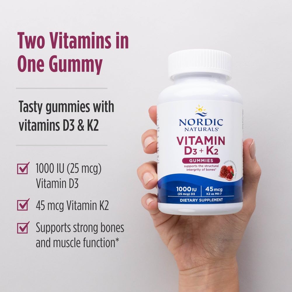 Nordic Naturals Vitamin D3+K2 Gummies, Pomegranate - 60 Count | 1000 IU Vitamin D3 + 45 mcg K2 per gummy supports bone health and muscle function. Non-GMO. Pomegranate flavor. 60 servings