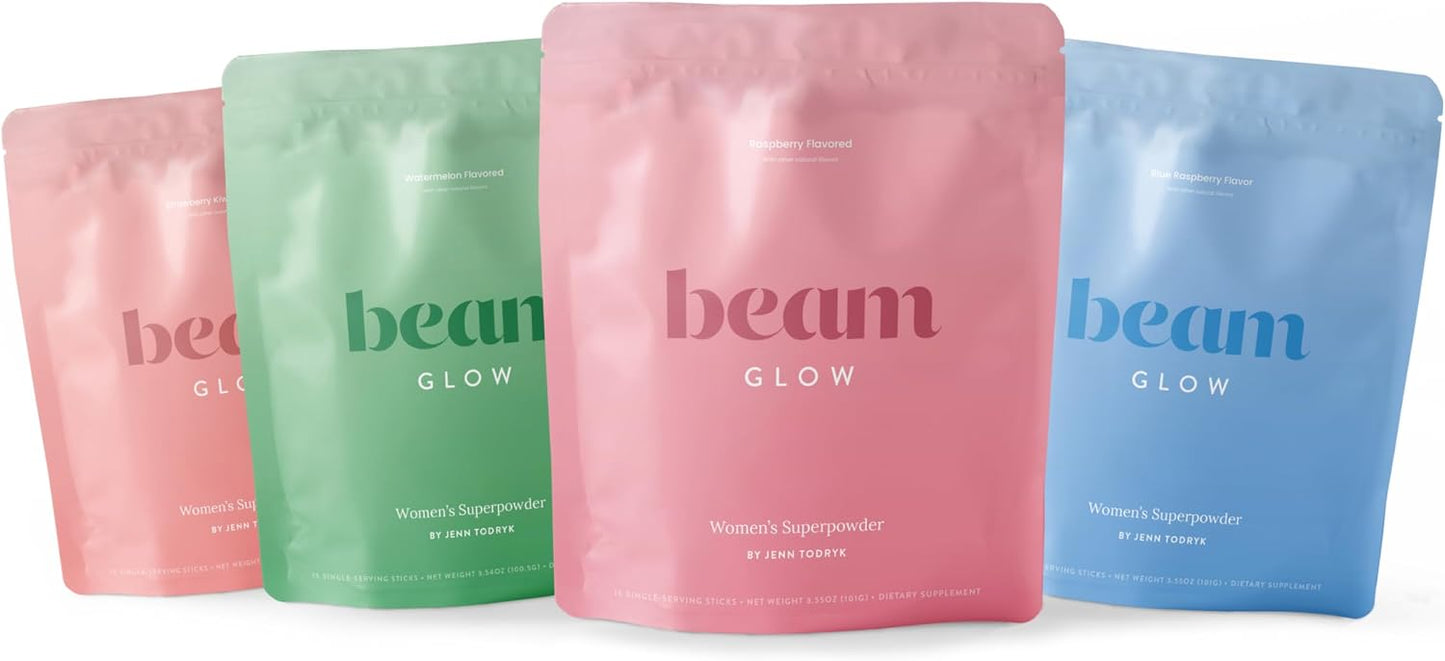 BEAM Glow Super Bundle, 60 Servings, Strawberry Kiwi, Raspberry, Watermelon, Blue Raspberry, 15 Servings Each